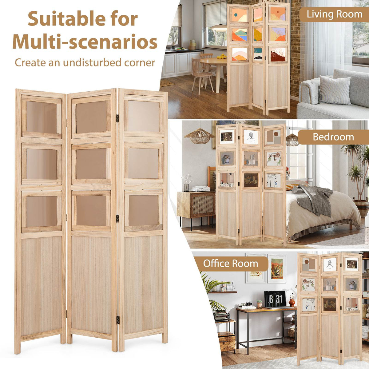 3-Panel Room Divider Folding Privacy Screens 170 CM High Hinged Space Separator