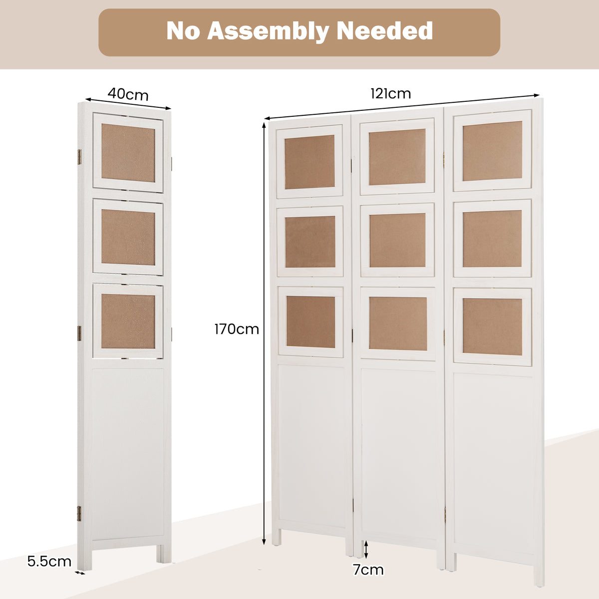 3-Panel Room Divider Folding Privacy Screens 170 CM High Hinged Space Separator