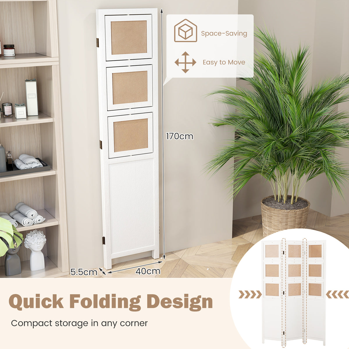 3-Panel Room Divider Folding Privacy Screens 170 CM High Hinged Space Separator
