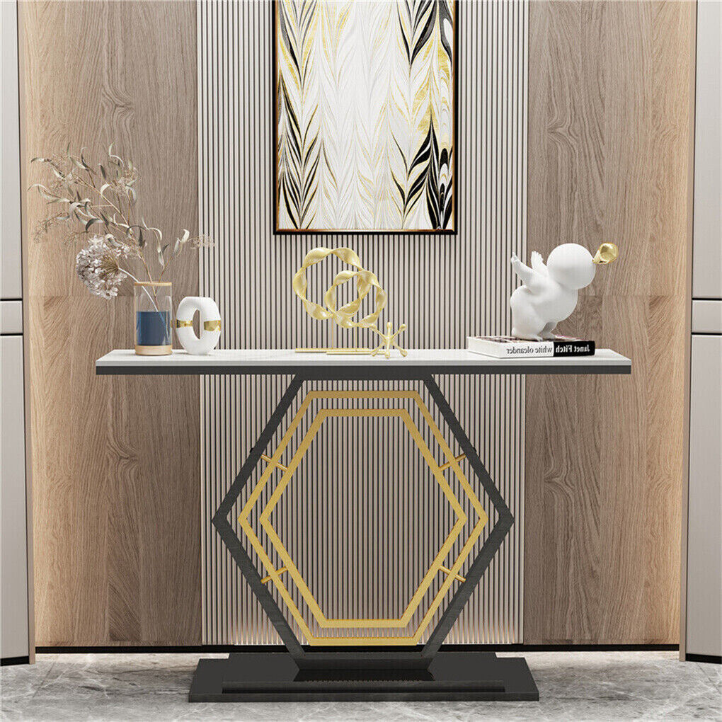 Heavy-Duty Marble-Style Console Table with Geometric Base