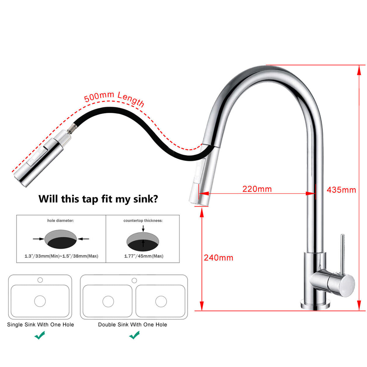 Chrome 2-Mode Pull-Out Kitchen & Laundry Mixer Tap