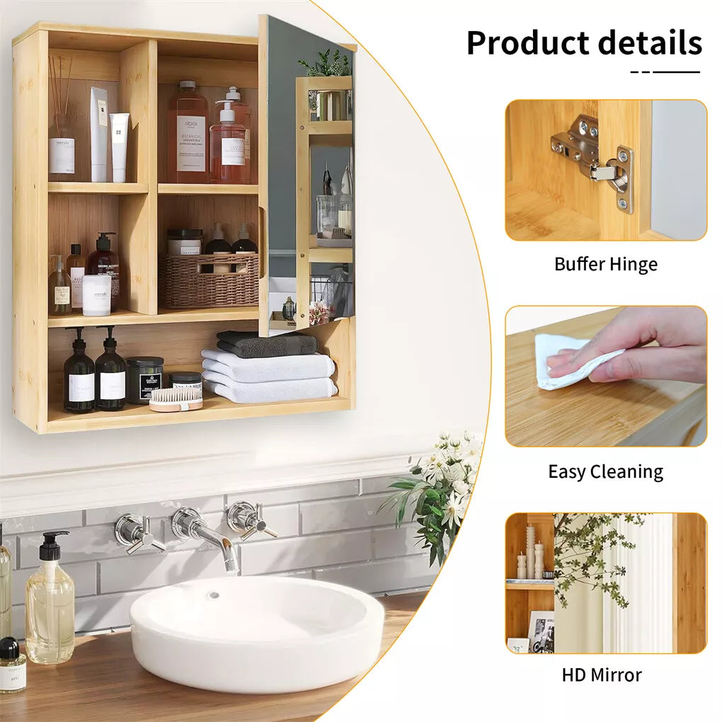 Wall Medicine Cabinet Natural Bamboo Bathroom Vanity Mirror 5 Open Storage Shelf