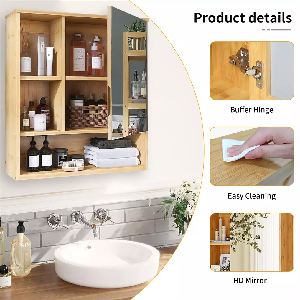 Bamboo Wall-Mounted Mirrored Bathroom Cabinet