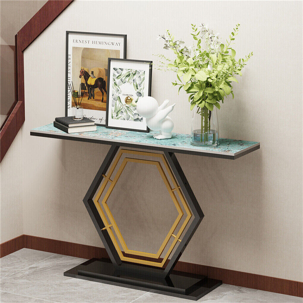 Heavy-Duty Marble-Style Console Table with Geometric Base