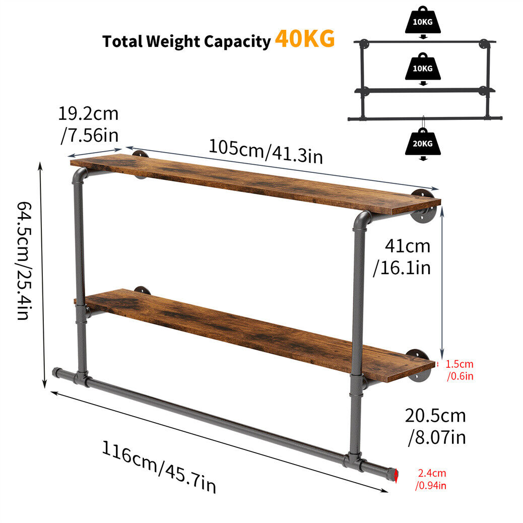 116 cm Wall-Mounted Pipe Garment Rack with 2 Shelves – 2 Finishes