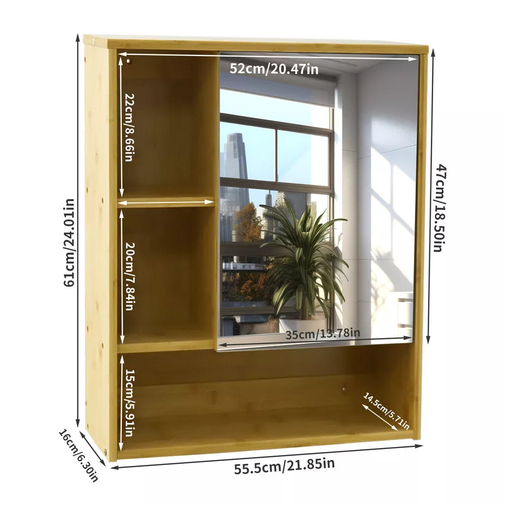 Wall Medicine Cabinet Natural Bamboo Bathroom Vanity Mirror 5 Open Storage Shelf