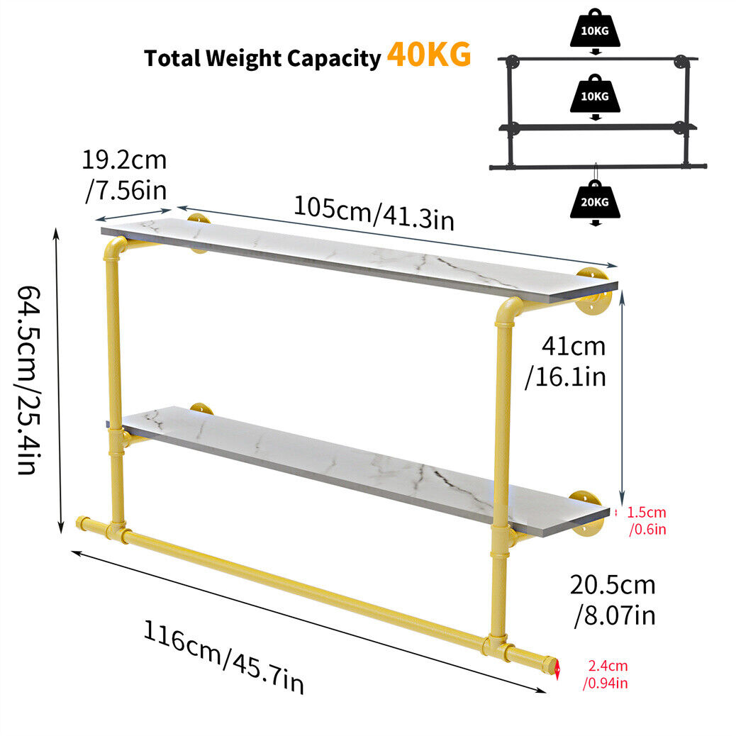 116 cm Wall-Mounted Pipe Garment Rack with 2 Shelves – 2 Finishes