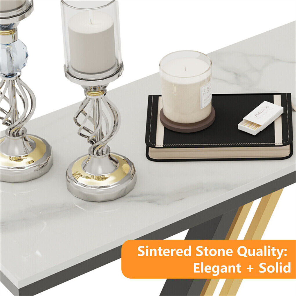 Heavy-Duty Marble-Style Console Table with Geometric Base
