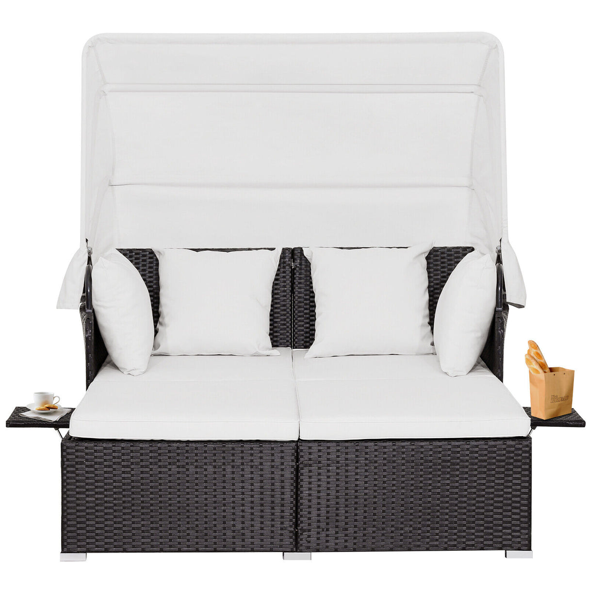 Outdoor Rattan Daybed Sunbed Wicker Furniture Retractable Canopy Patio Sofa Set