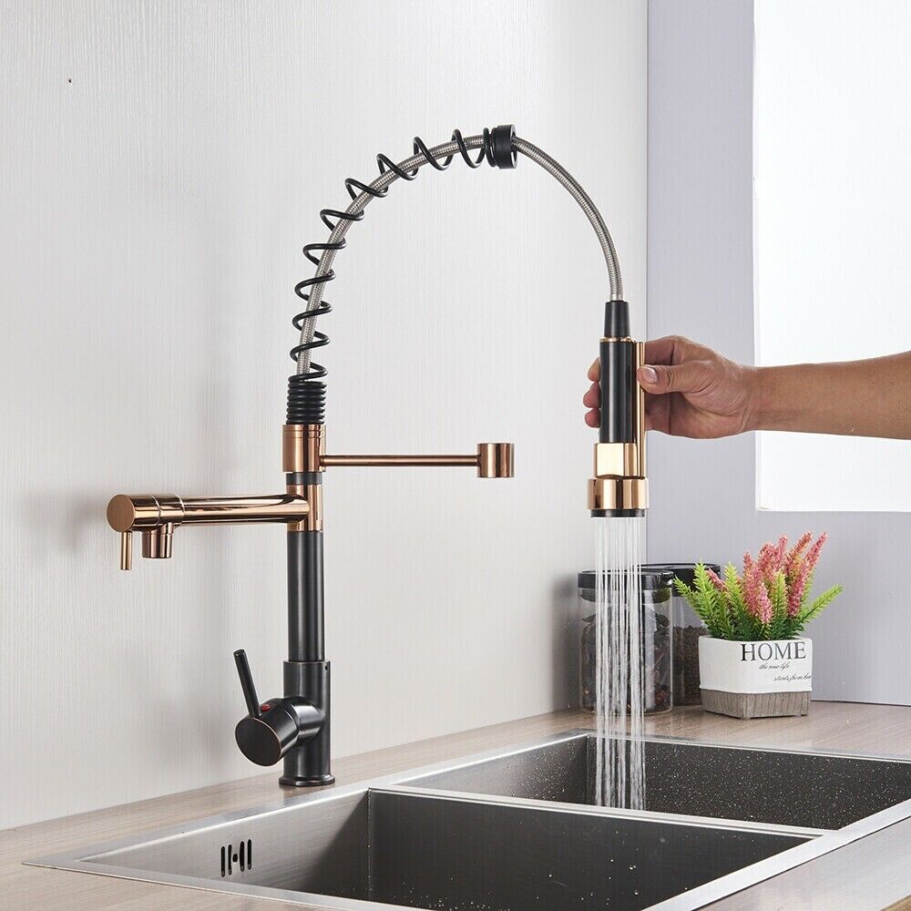 Black & Rose Gold Pull-Out Kitchen Mixer Tap