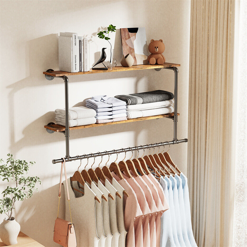 116 cm Wall-Mounted Pipe Garment Rack with 2 Shelves – 2 Finishes