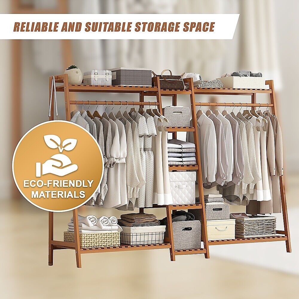 Freestanding Bamboo Garment Rack with Rail, Top Shelf & Shoe Storage