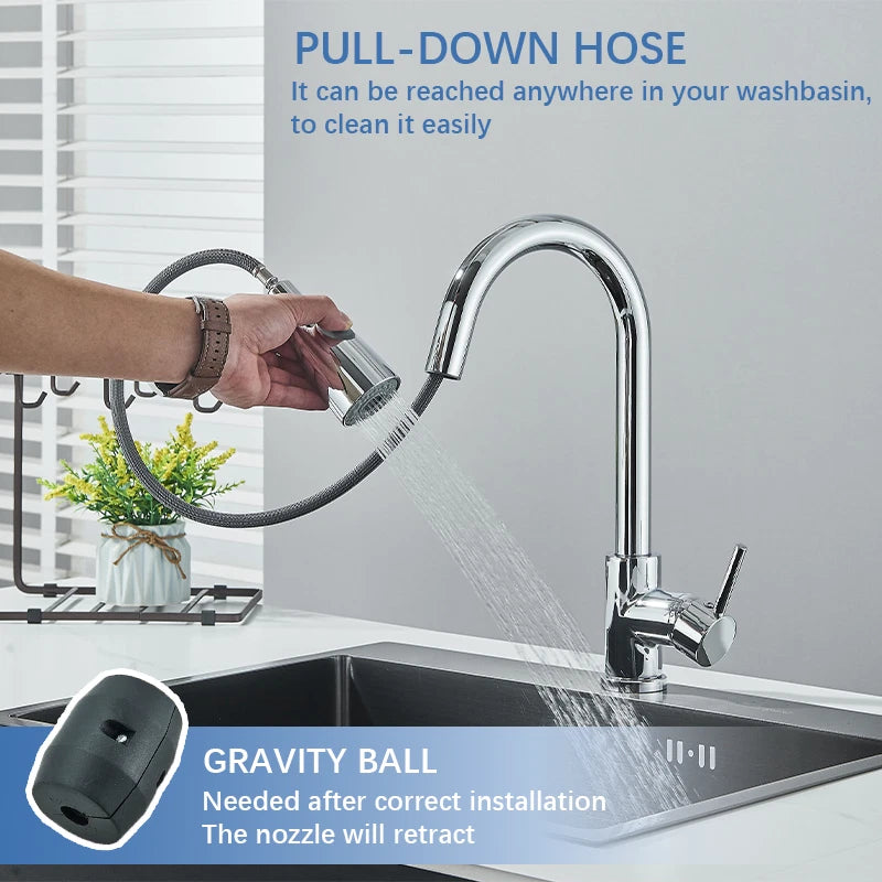 Chrome WELS Kitchen Mixer Tap 360° Pull Out 2-Mode Spray Laundry Sink Faucet