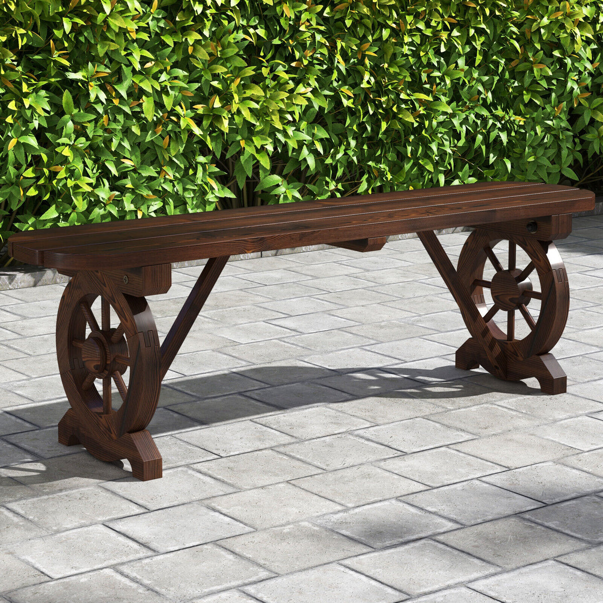 2-Seat Carbonised Fir Garden Bench with Wagon-Wheel Arms
