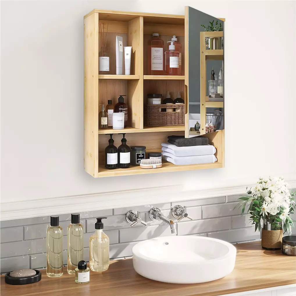 Bamboo Wall-Mounted Mirrored Bathroom Cabinet