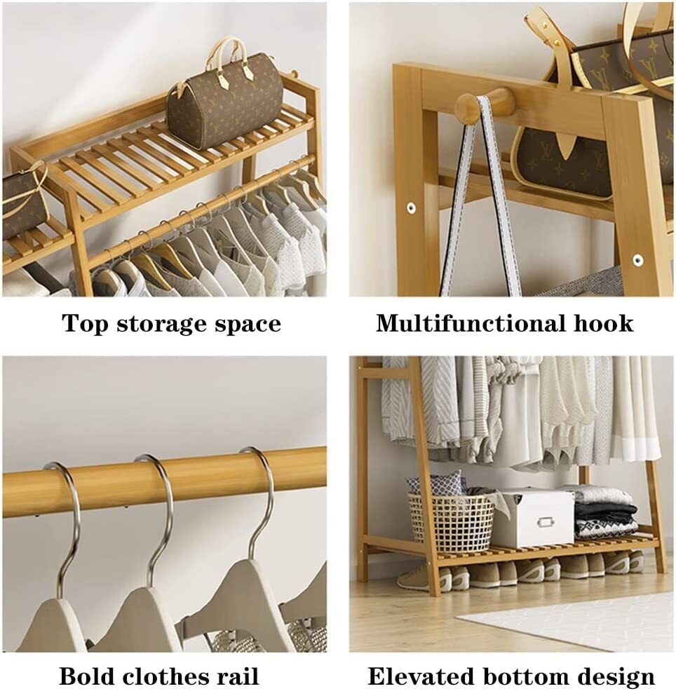 Freestanding Bamboo Garment Rack with Rail, Top Shelf & Shoe Storage