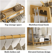 Freestanding Bamboo Garment Rack with Rail, Top Shelf & Shoe Storage