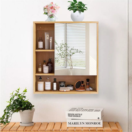 Wall Medicine Cabinet Natural Bamboo Bathroom Vanity Mirror 5 Open Storage Shelf