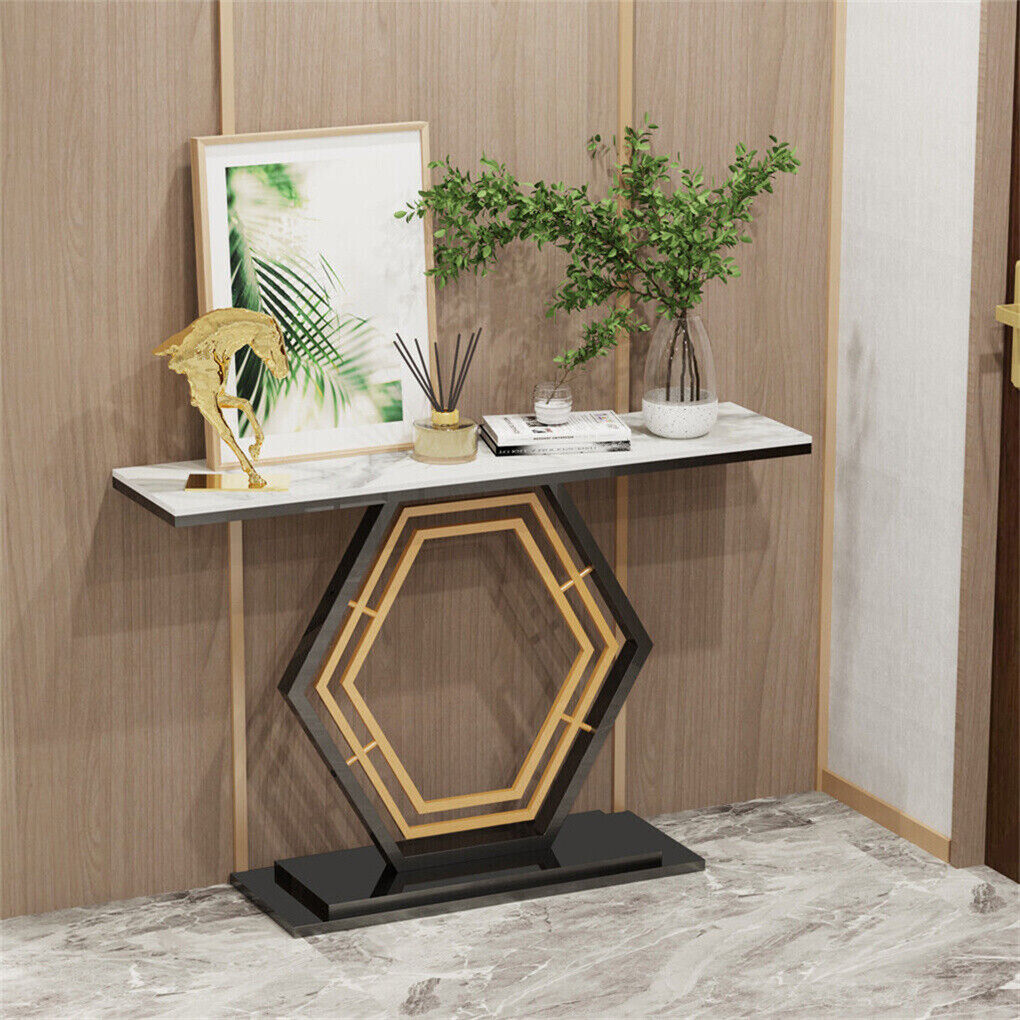 Heavy-Duty Marble-Style Console Table with Geometric Base