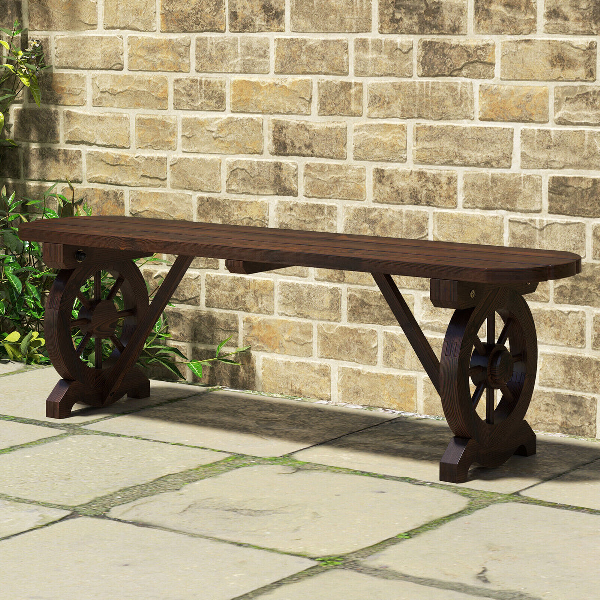 2-Seat Carbonised Fir Garden Bench with Wagon-Wheel Arms