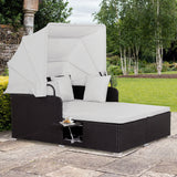 Outdoor Rattan Daybed Sunbed Wicker Furniture Retractable Canopy Patio Sofa Set