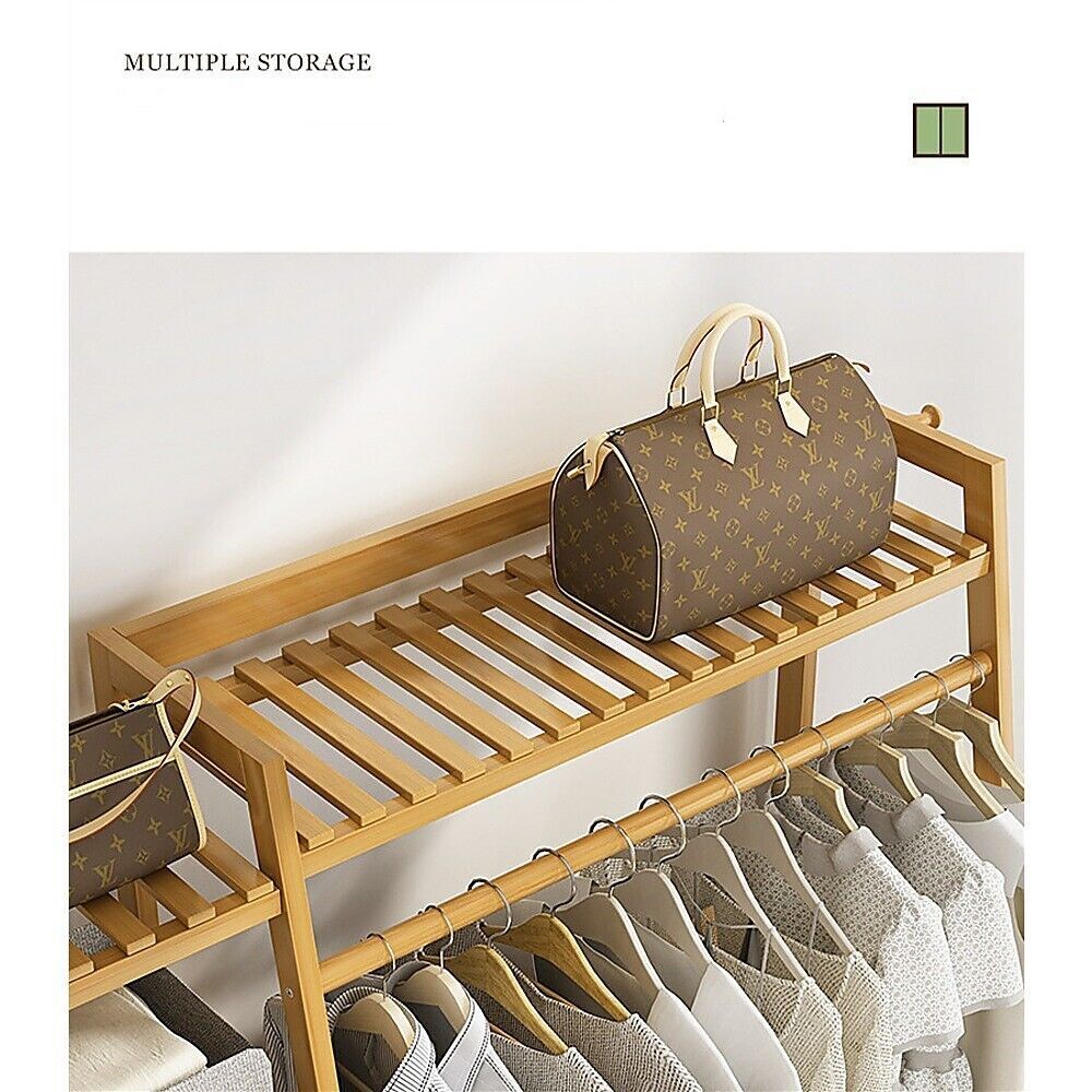 Freestanding Bamboo Garment Rack with Rail, Top Shelf & Shoe Storage