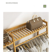 Freestanding Bamboo Garment Rack with Rail, Top Shelf & Shoe Storage