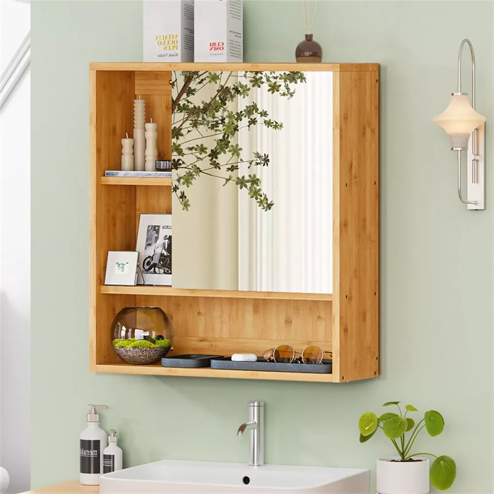 Bamboo Wall-Mounted Mirrored Bathroom Cabinet