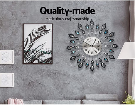 Peacock Wall Clock Large 3D Modern Crystal Luxury round Clocks Home Decor 60Cm