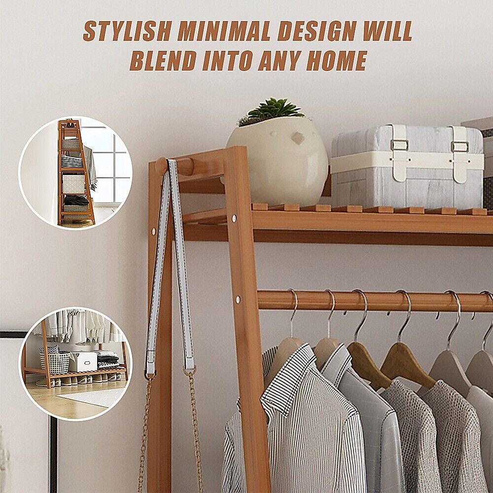 Freestanding Bamboo Garment Rack with Rail, Top Shelf & Shoe Storage
