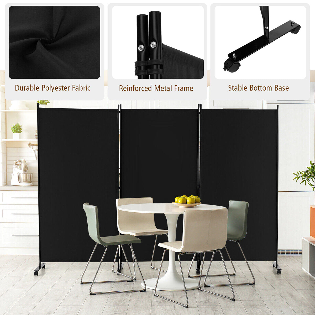 262 × 180 cm 3-Panel Rolling Room Divider – 4 Colours
