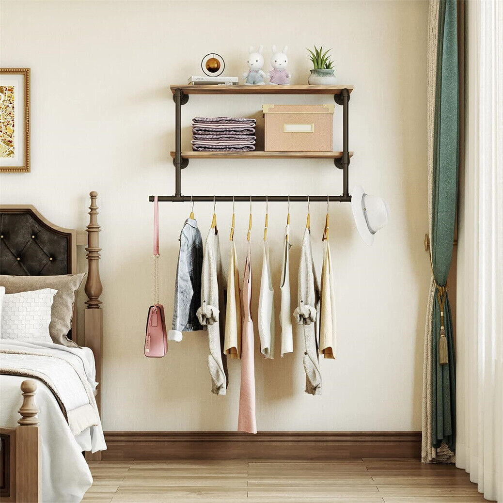 116 cm Wall-Mounted Pipe Garment Rack with 2 Shelves – 2 Finishes