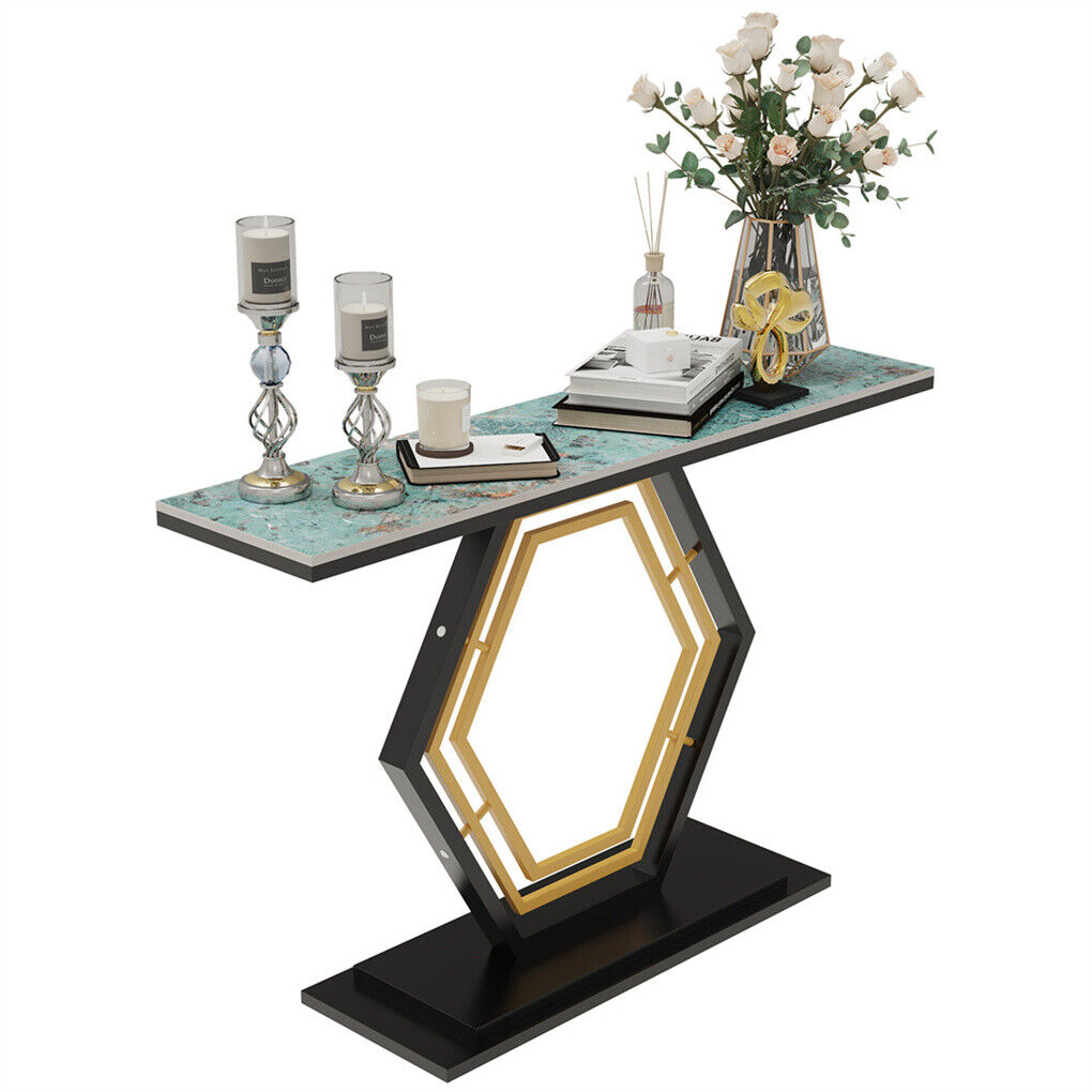 Heavy-Duty Marble-Style Console Table with Geometric Base