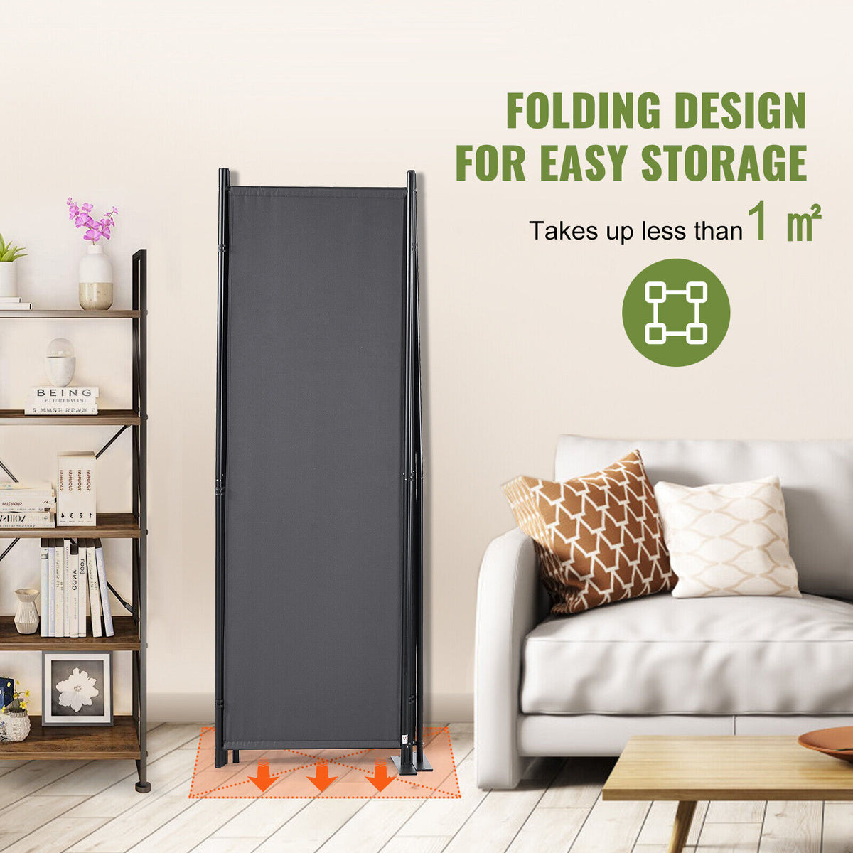 Dark Grey 4-Panel Coated-Fabric Room Divider – 224 × 171cm