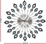 Peacock Wall Clock Large 3D Modern Crystal Luxury round Clocks Home Decor 60Cm