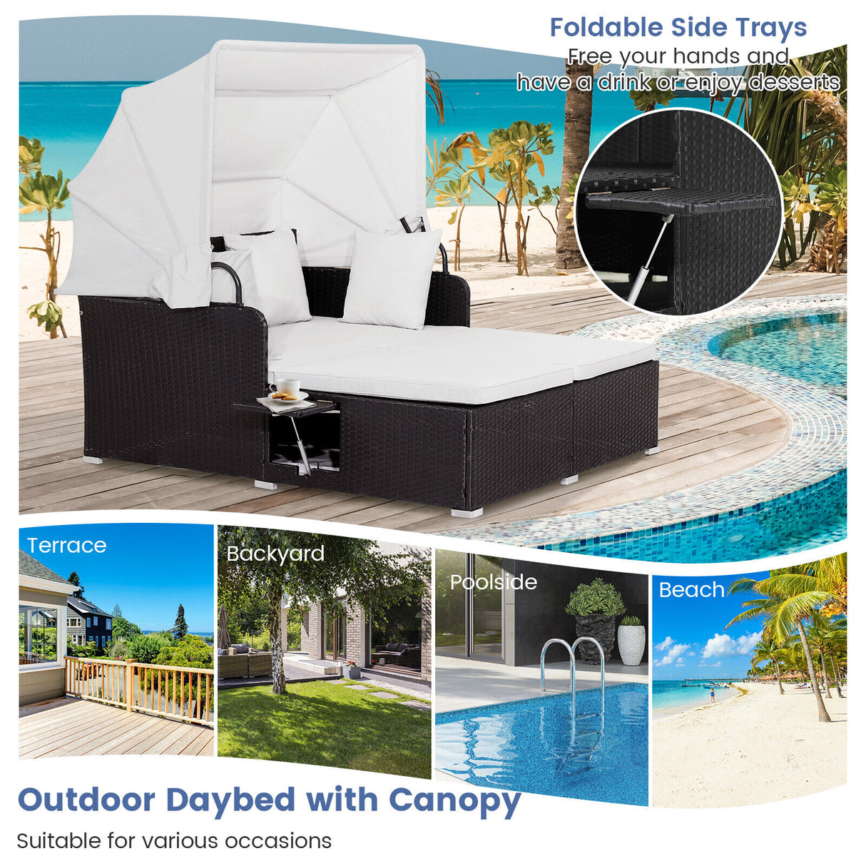 Outdoor Rattan Daybed Sunbed Wicker Furniture Retractable Canopy Patio Sofa Set