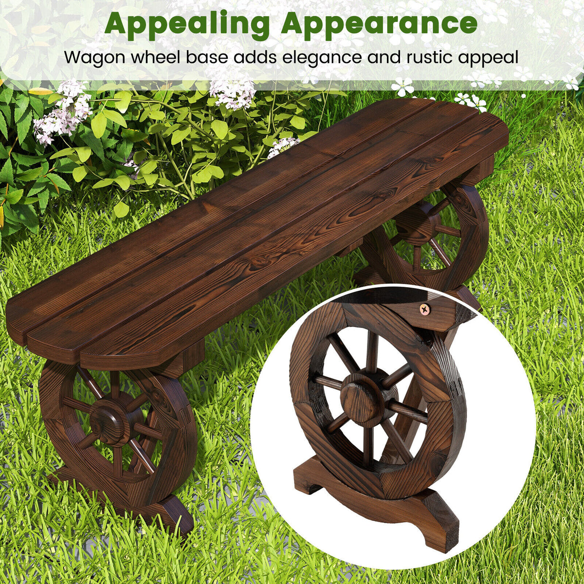 2-Seat Carbonised Fir Garden Bench with Wagon-Wheel Arms