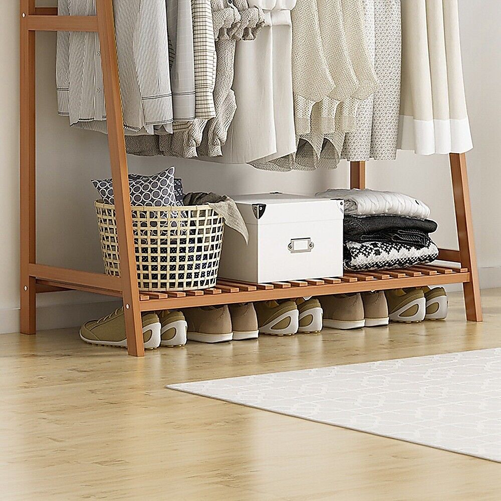Freestanding Bamboo Garment Rack with Rail, Top Shelf & Shoe Storage
