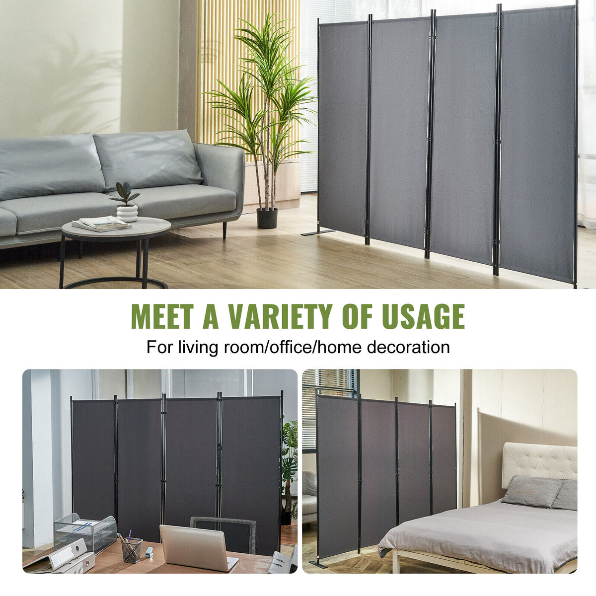 Dark Grey 4-Panel Coated-Fabric Room Divider – 224 × 171cm