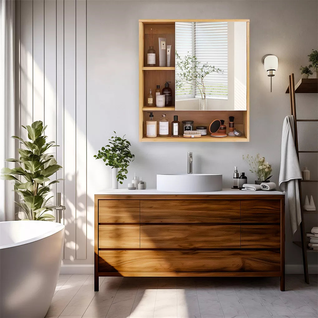Wall Medicine Cabinet Natural Bamboo Bathroom Vanity Mirror 5 Open Storage Shelf