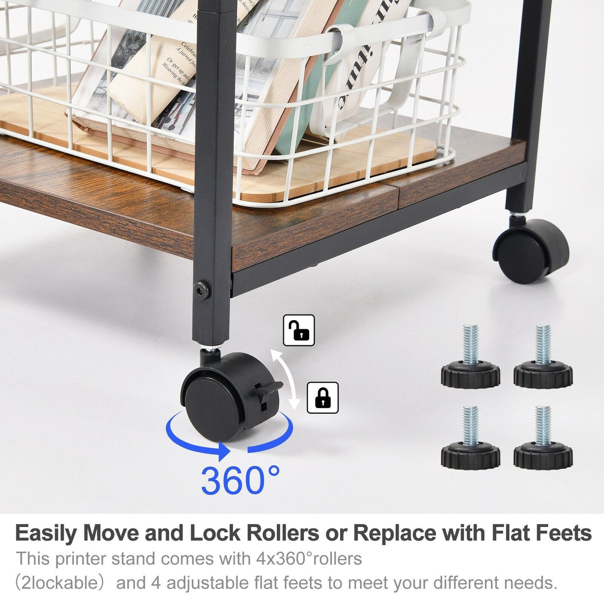 3-Tier Adjustable Rolling Printer Stand