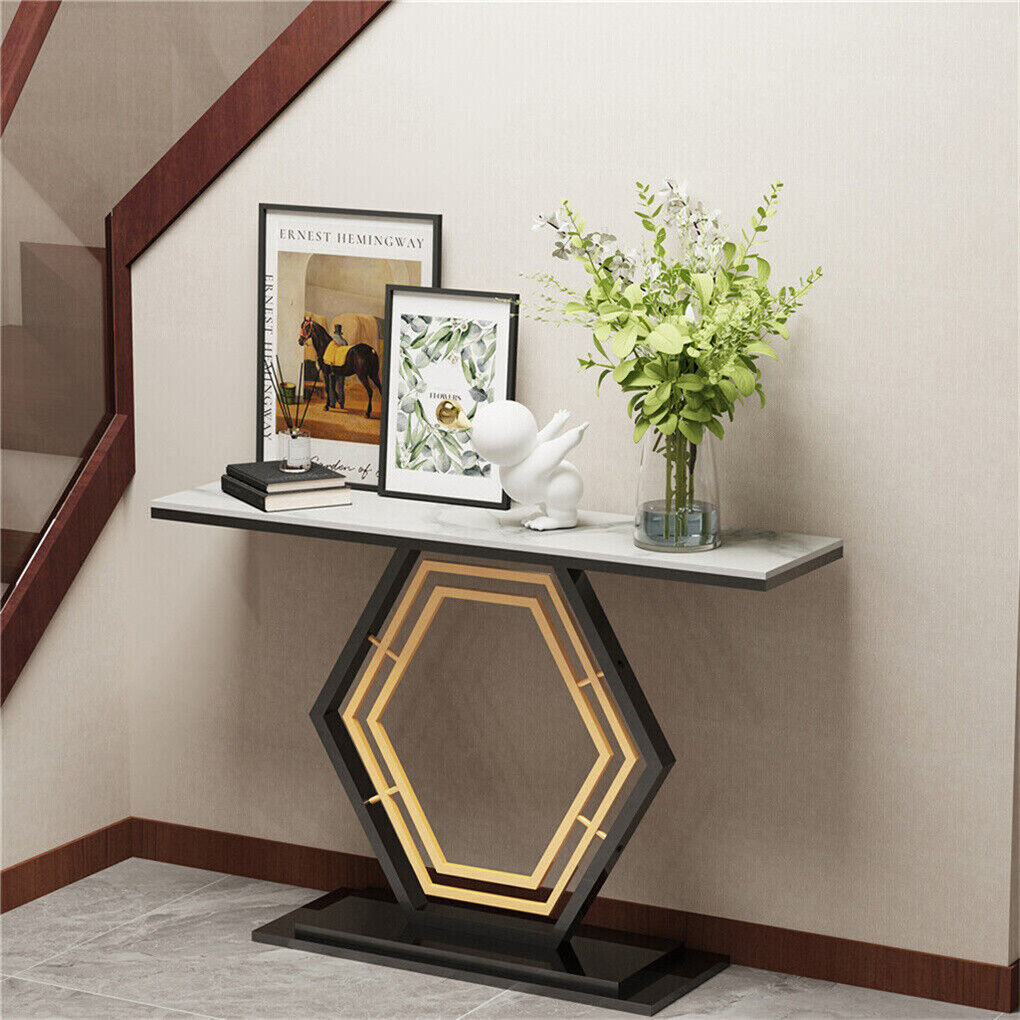 Heavy-Duty Marble-Style Console Table with Geometric Base
