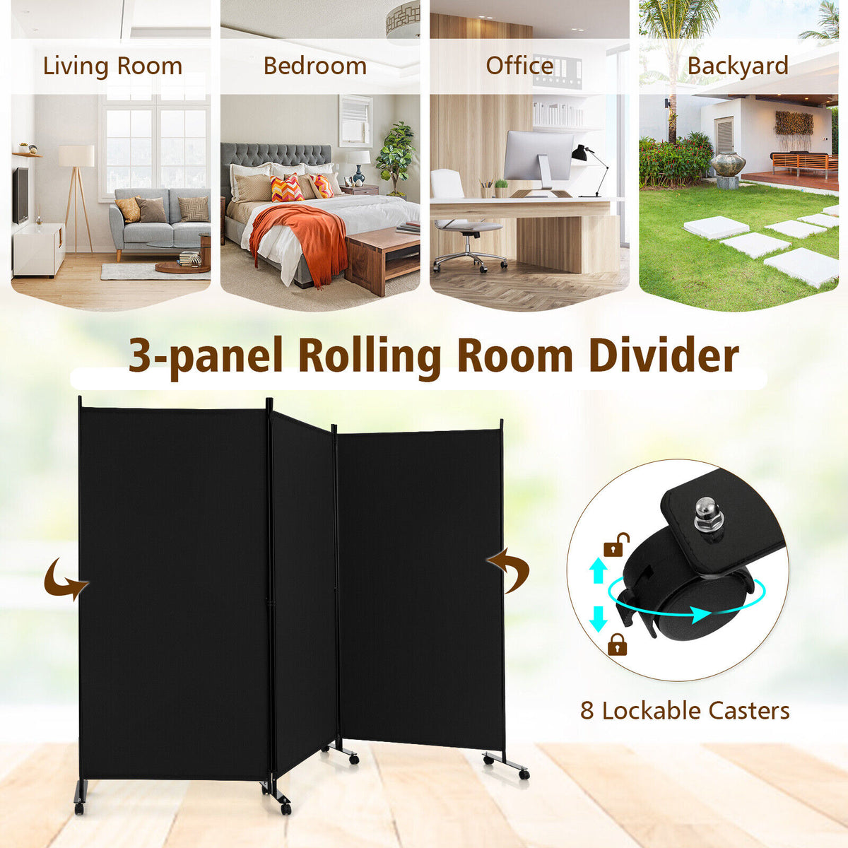 262 × 180 cm 3-Panel Rolling Room Divider – 4 Colours