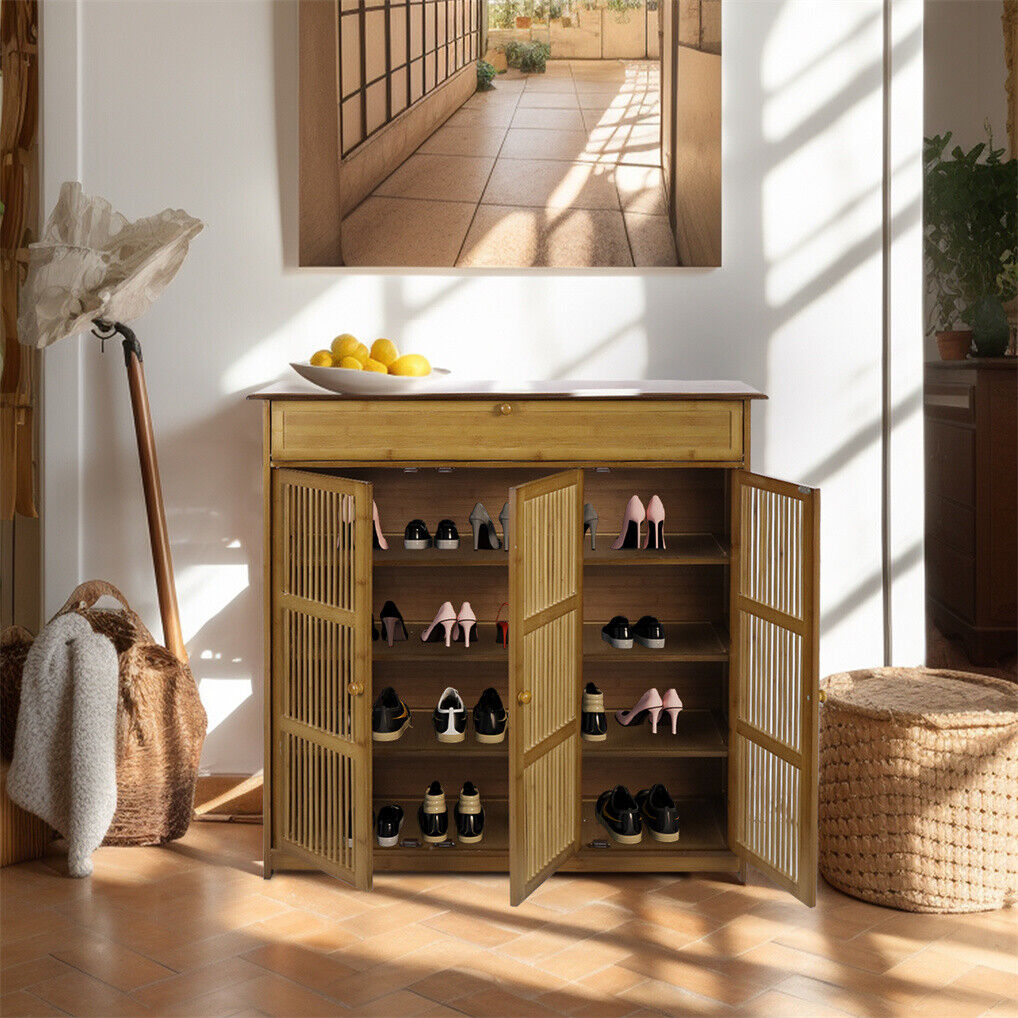 4-Tier Bamboo Shoe Cabinet with Large Drawer – 16–18 Pairs