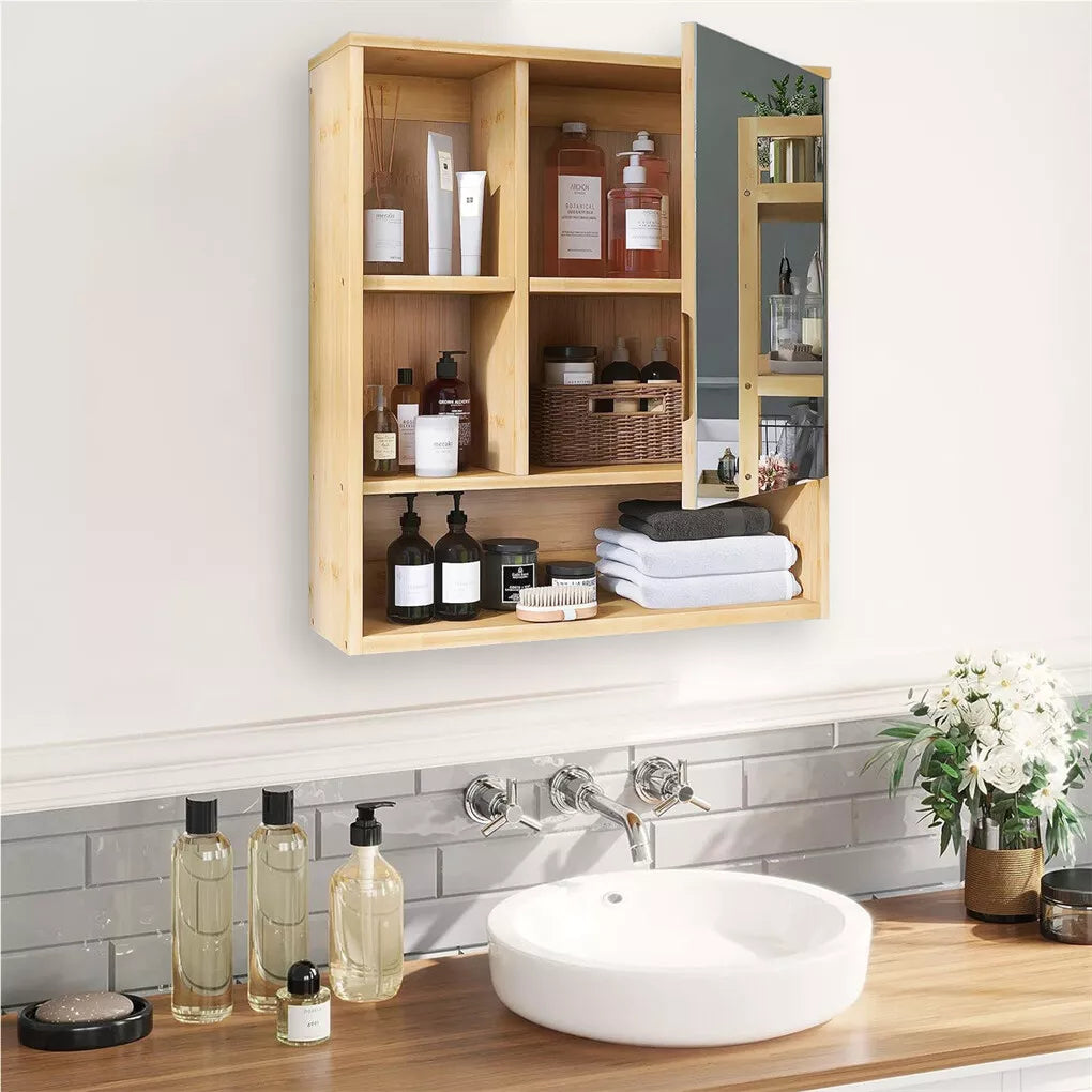 Wall Medicine Cabinet Natural Bamboo Bathroom Vanity Mirror 5 Open Storage Shelf