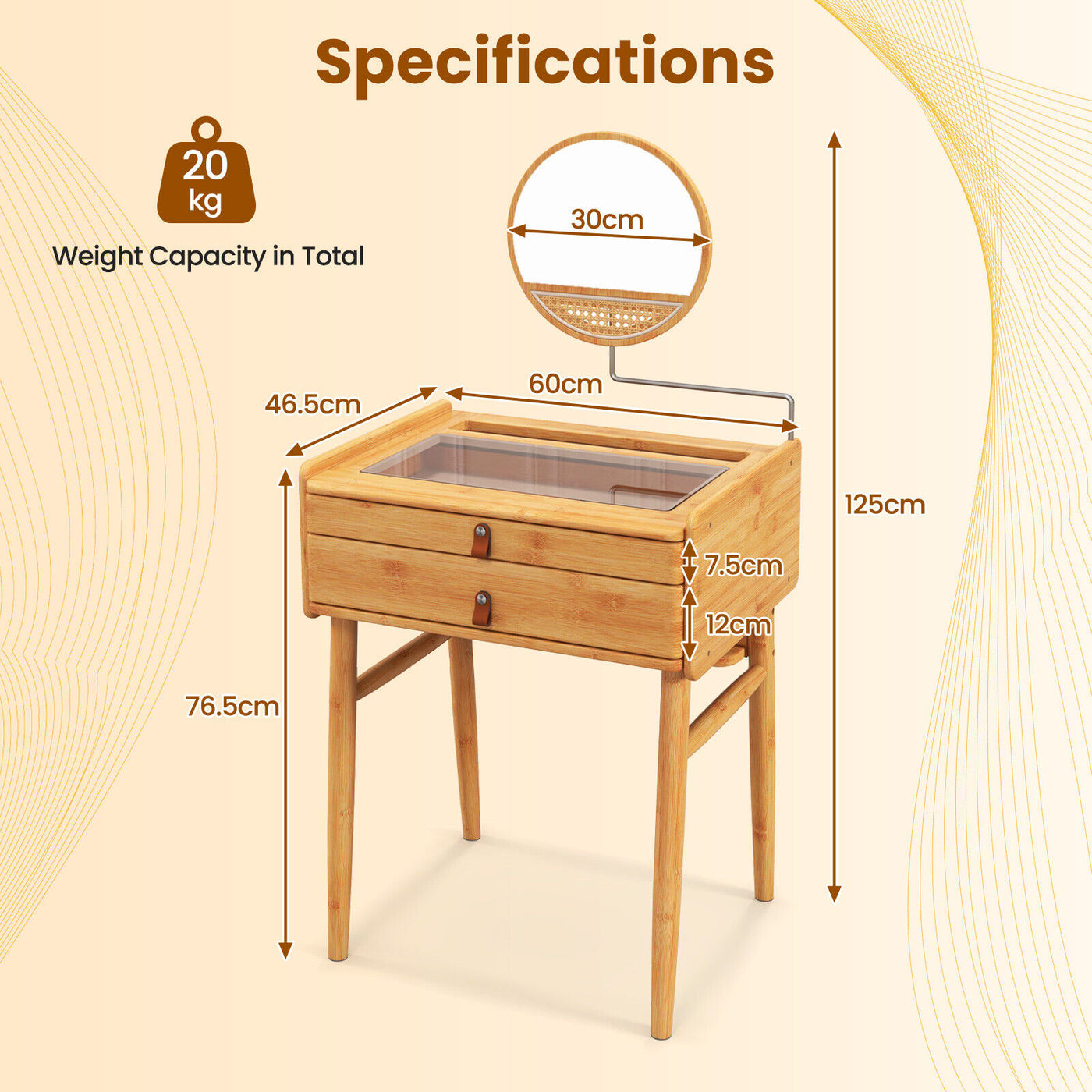 Bamboo Vanity Table with Adjustable Mirror & 2 Drawers