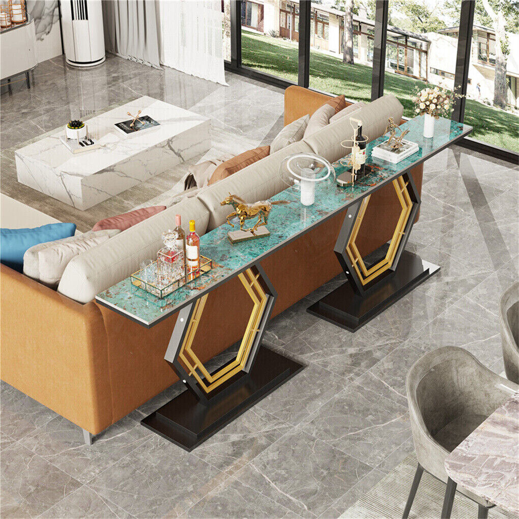 Heavy-Duty Marble-Style Console Table with Geometric Base