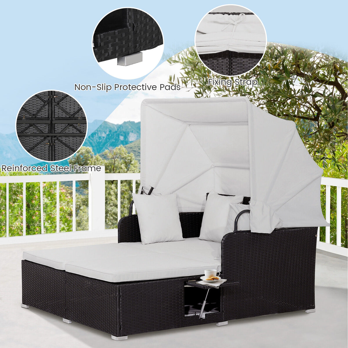 Outdoor Rattan Daybed with Retractable Canopy