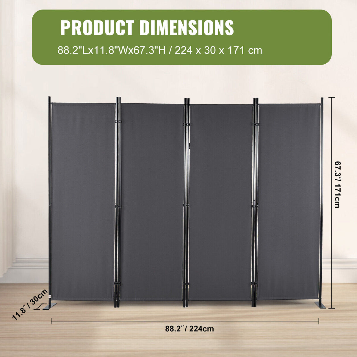 Dark Grey 4-Panel Coated-Fabric Room Divider – 224 × 171cm