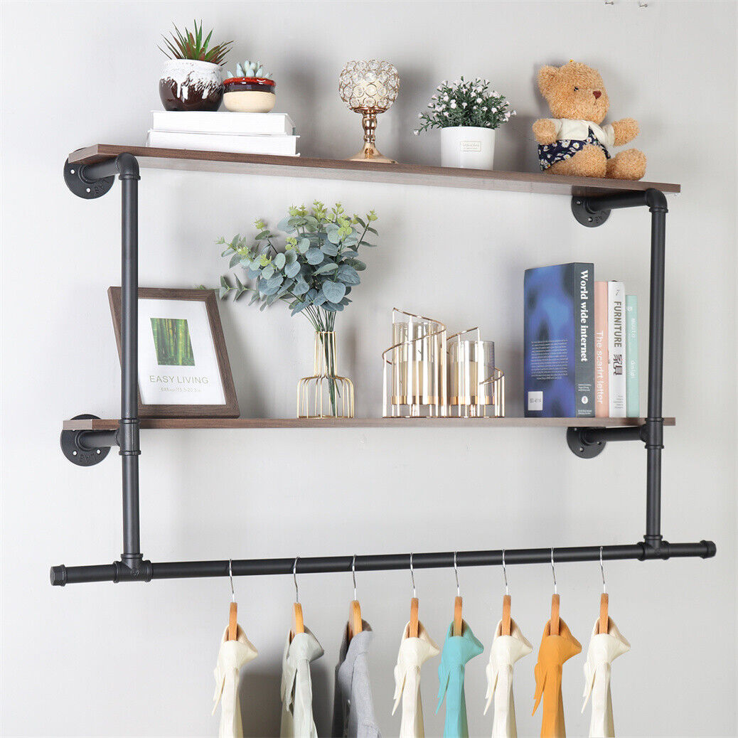 116 cm Wall-Mounted Pipe Garment Rack with 2 Shelves – 2 Finishes